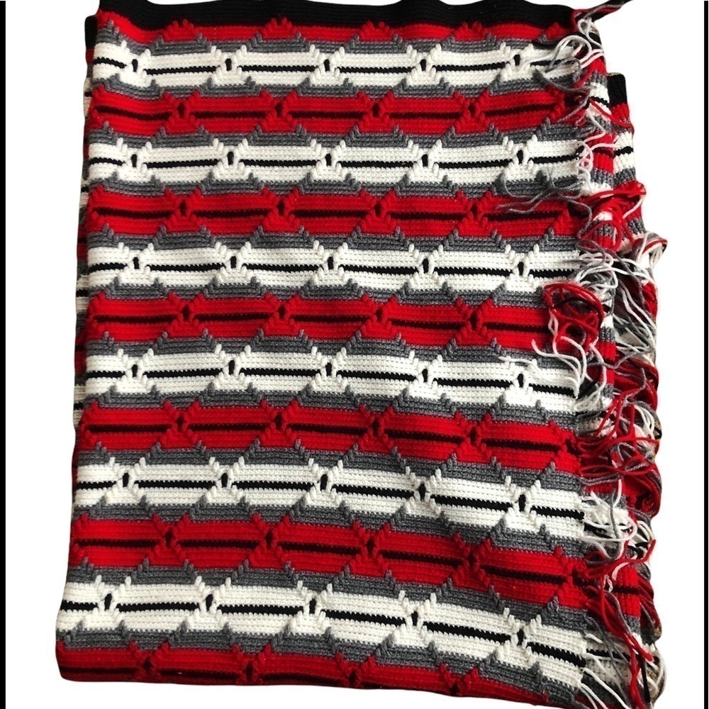 Aztec Hand Made Afghan Throw Black White Red Gray 70X58 W/Fringe Campfire Cozy